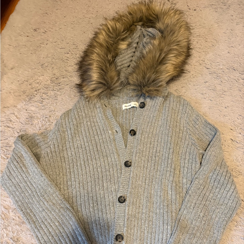 Hollister Gray Ribbed Cardigan with Faux Fur Trim